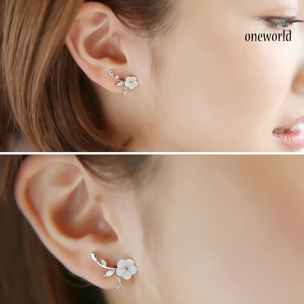 OW@ Earrings Flower Leaves Shape Design Beautiful Alloy Rhinestone Inlaid Ear Stud for Daily Life