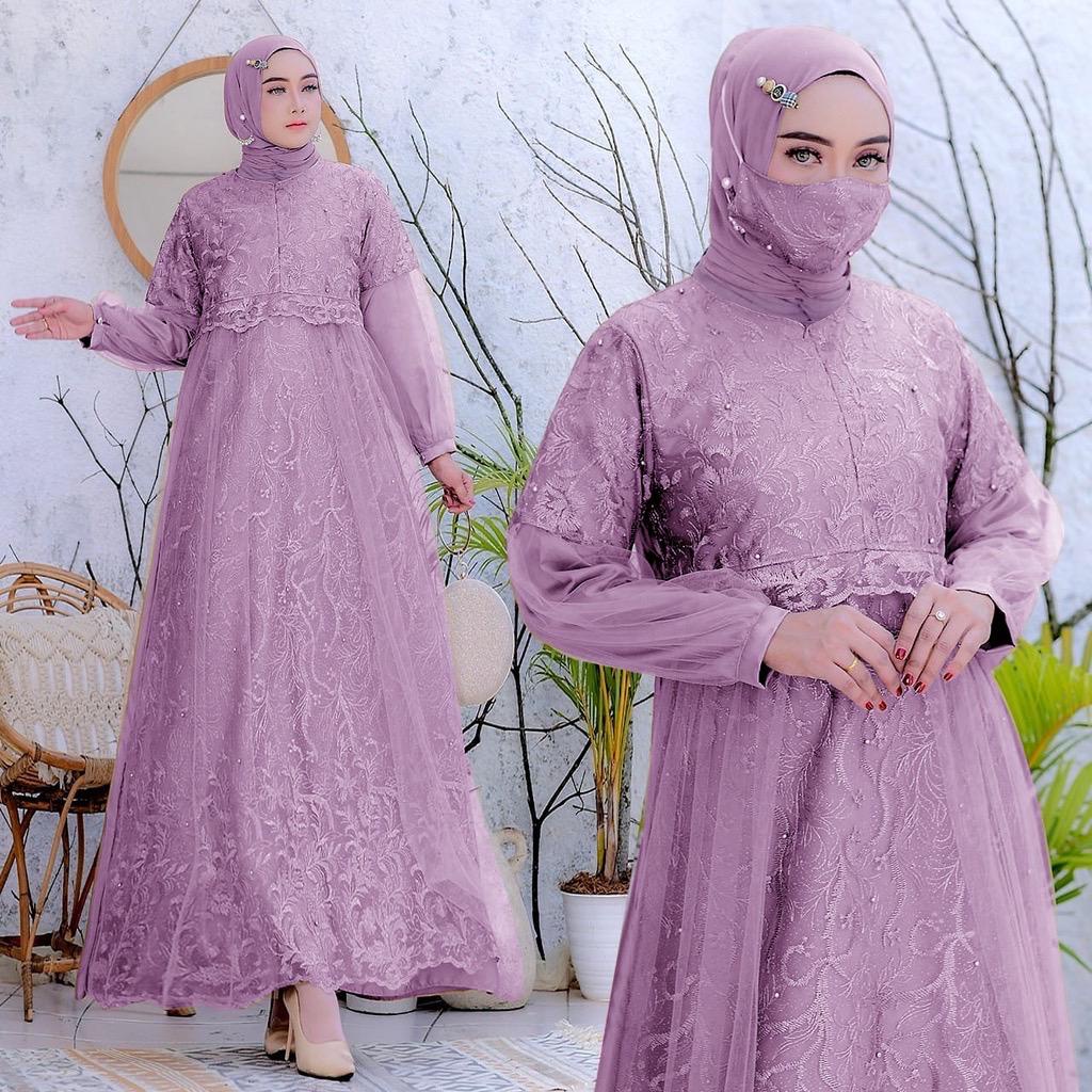 (Free Masker Brukat) SELVINA Gamis Terbaru Busui Satin mix Brukat Tile Mutiara Kombinasi / Maxi Dress Wanita Size S-M, L , XL, XXL / Gamis Pesta / Gamis Kondangan