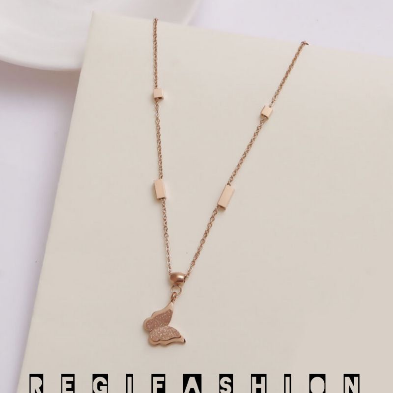 { Bayar Ditempat } Kalung Titanium Wanita Rose gold Rantai Dadu Liontin Kupu- Kupu / Kalung Rantai Wanita Titanium Asli Import / Kalung Wanita Korea Model Terbaru