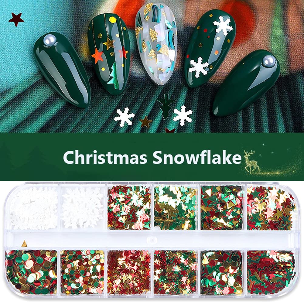 12 Colors Christmas Glitter Nail Sequins/ 3D Snowflake Holographic Nail Art Flakes/ Colorful Tree Star Manicure Sticker Decals