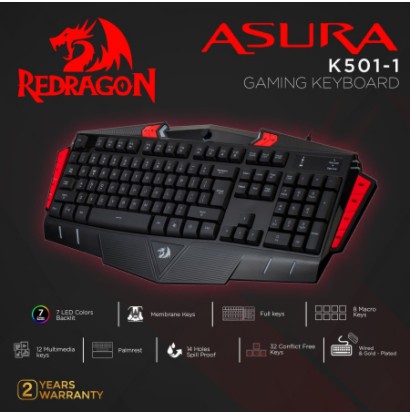 Keyboard gaming redragon wired usb 2.0 membrane multimedia Macro program backlight k501 k-501 asura