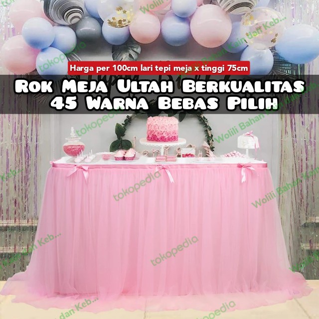 Dekorasi meja ultah prasmanan gorden T75 hordeng rok tulle tile glitter  pesta