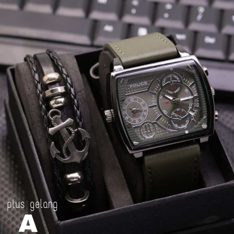 Jam Tangan Pria POLICE Jam Tangan Double Time Tanggal Aktif + Gelang