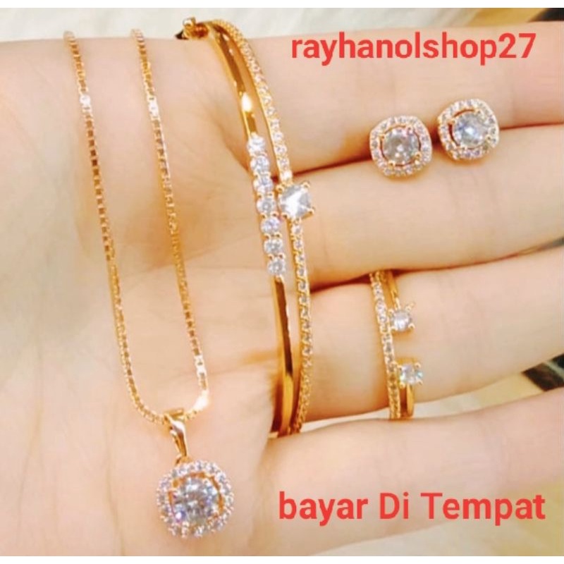 SET WANITA LENGKAP TERBARU RO-27 TITANIUM MOTIF PERMATA CRISTAL LAPIS EMAS 22K ANTI KARAT