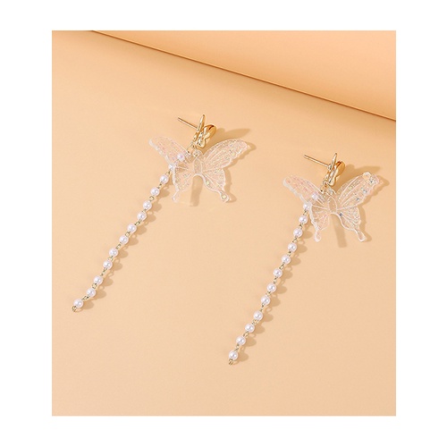 LRC Anting Tusuk Fashion White Butterfly Pearl Alloy Tassel Stud Earrings Y64502