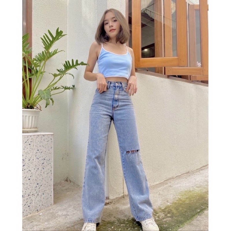 Highwaist Kulot Jeans Wanita Loose RIPPED by Alzera