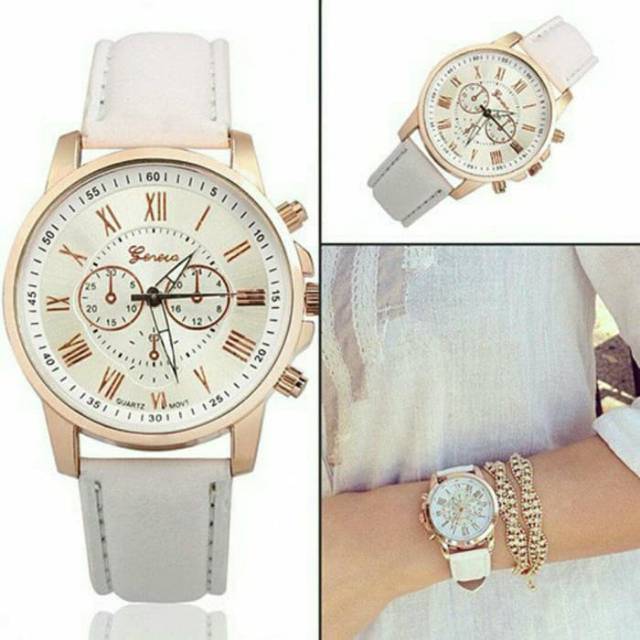 Jam tangan wanita geneva strap kulit leather romawi putih