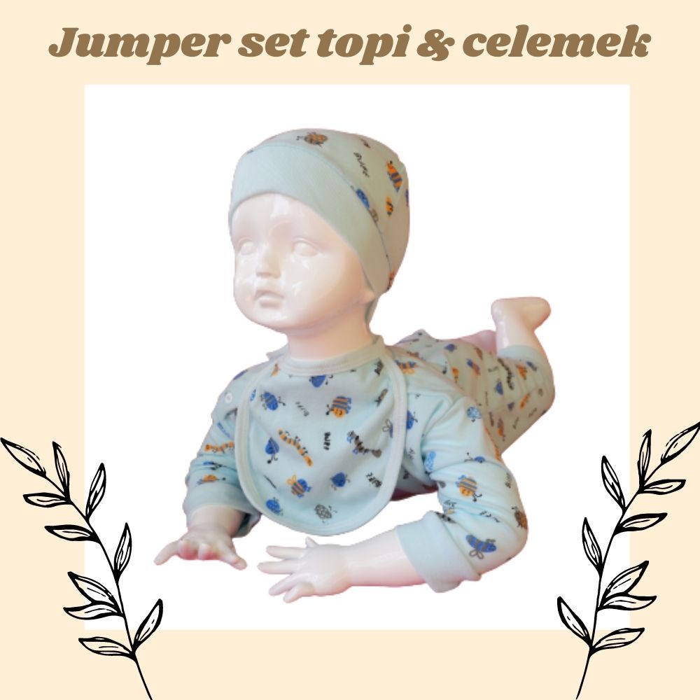 sleep suit karakter set celemek dan topi / baby jumper / baju bayi set