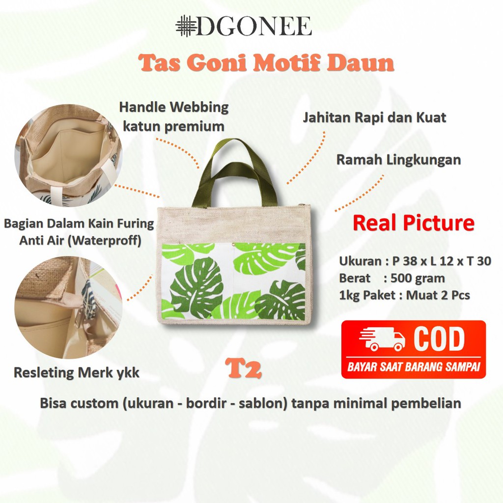 Dgonee T2 Motif Daun Tas Tote Bag Totebag Kain Goni Belanja Kerja Kuliah Wanita Cewek Custom | T201