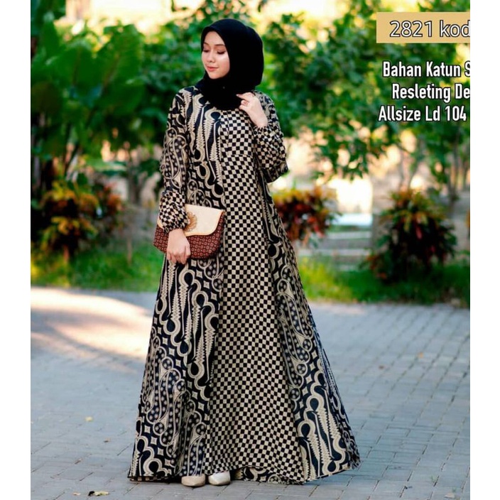 JAZZY MAXI DRESS BATIK KONDANGAN MODEL CARDY BUSUI MOTIF BATIK CASUAL COKLAT MUDA TUA