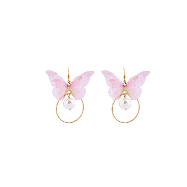 LRC Anting Gantung Fashion Short Earrings S925 Sterling Silver Gauze Butterfly Pearl Earrings D03314