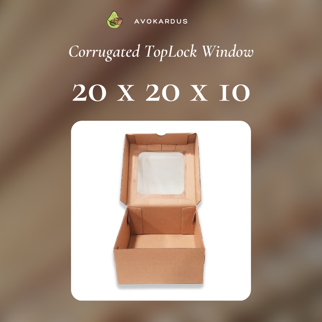 

Kardus Corrugated Window 20x20x10 Top Lock Kotak Dus Kue Tart Tutup Lubang Mika