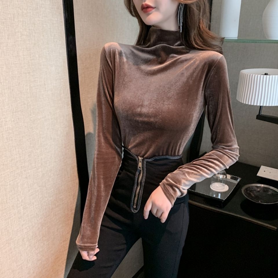 Red Musim Dingin 2021 Baru Fashion Warna Solid Turtleneck Beludru Lengan Panjang Atasan All-Match Bottoming Kemeja Wanita Trim T-shirt Tren