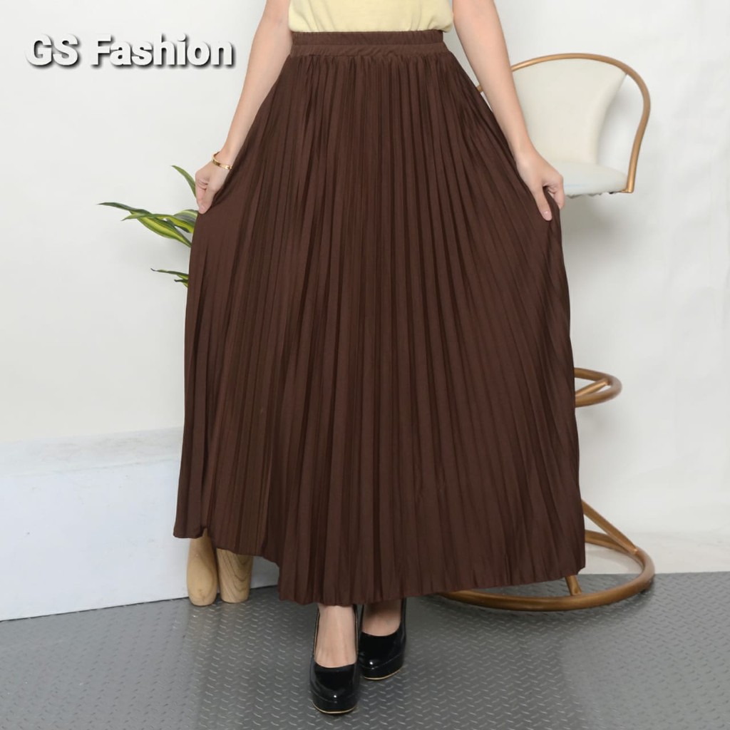 GS-ROK PLISKET PREMIUM /ROK PANJANG MUSLIM/ ROK MAYUNG BAHAN HYGET PREMIUM GRADE A-COKLAT TUA