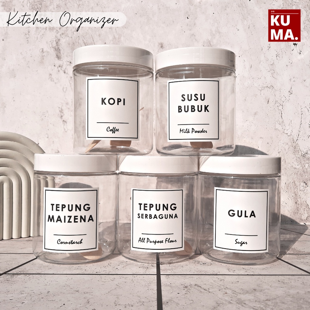 Toples 500ml TUTUP PUTIH Bahan Plastik PET Toples Bening Tepung Gula Kopi Aesthetic Toples Dapur Minimalis Dengan Label Anti Air