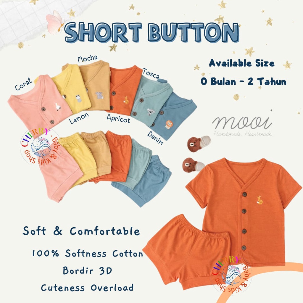 Mooi Short Button Set 0M - 2Y Setelan Piyama Pendek Bordir Anak CBKS