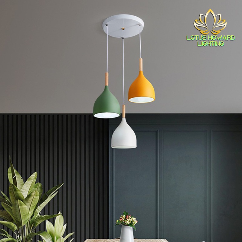 Lampu gantung minimalis 3 cup ruang makan tamu kafe bahan besi kayu
