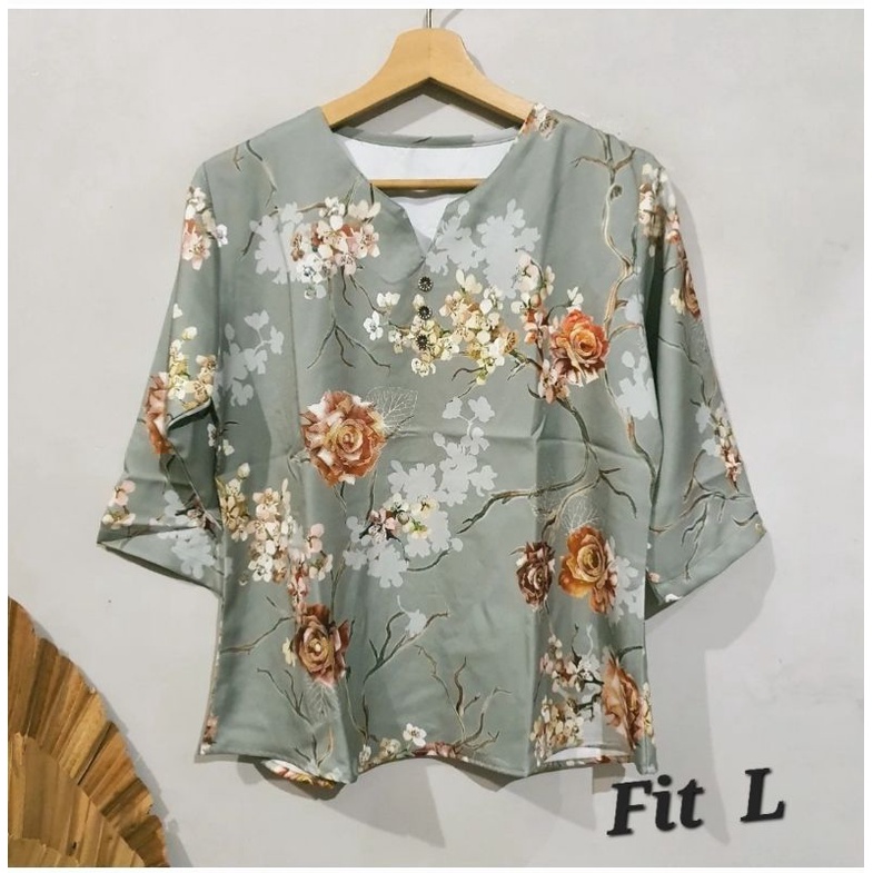 SHERATON LENGAN 3/4 V NECK WHITE BLOUSE /BUNGA SAKURA KYOTO FLOWER - DELIGHTLINE ATASAN VNECK WANITA-2