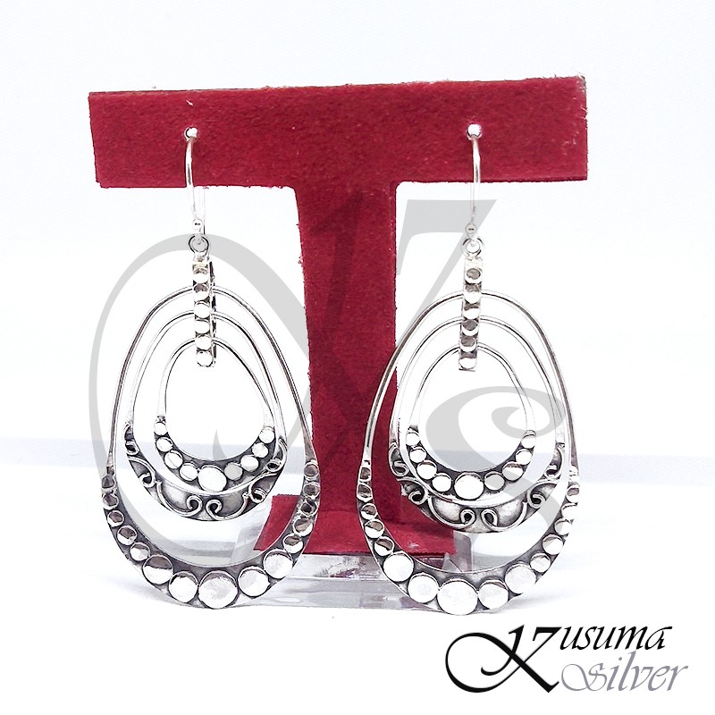 Anting Earrings Silver Perak Bali Panjang Hook Teardrop Jawan Dot Putar Asli 925 Lebar