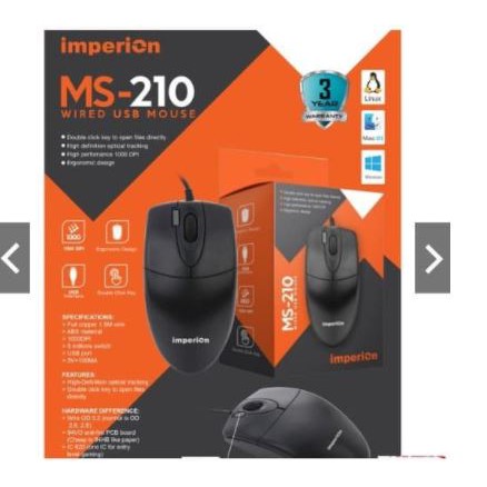 Mouse imperion wired usb 2.0 optical 1000dpi double click for pc laptop office gaming ms210 ms-210