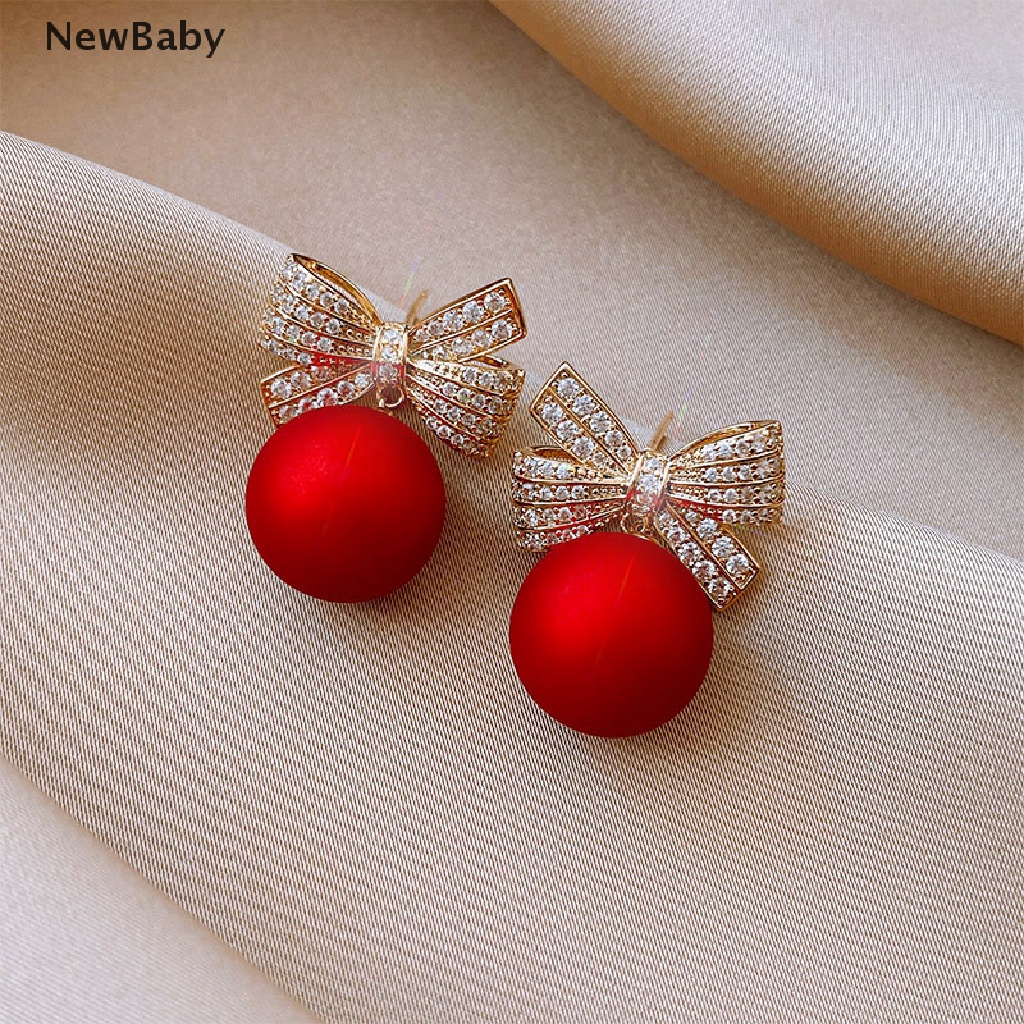 Anting Stud Desain Pita Aksen Mutiara Warna Merah Untuk Wanita