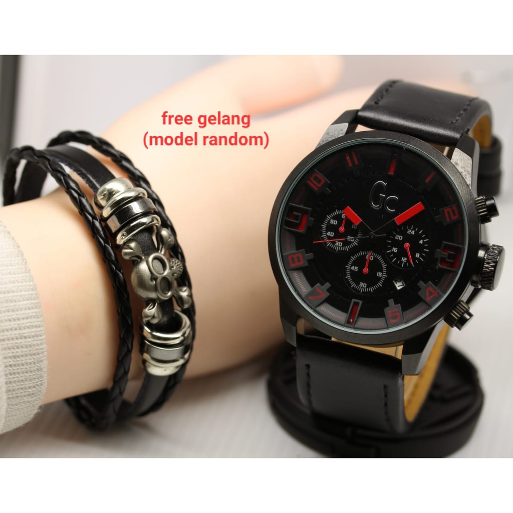 Jam Tangan Pria GC Tanggal Crono Aktif Tali Kulit Free Gelang Tangan