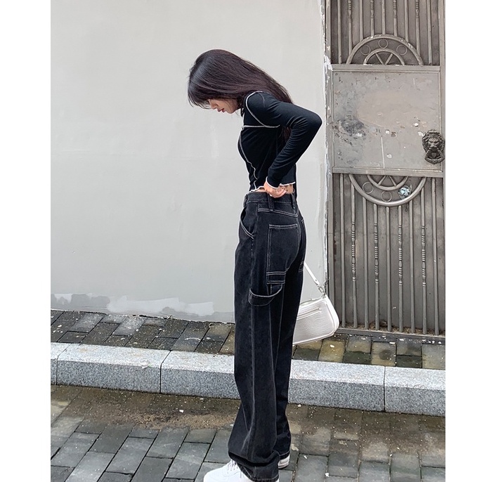 KOREAN SALJU HITAM CELANA WANITA KULOT JEANS HIGHWAIST PANJANG KEKINIAN