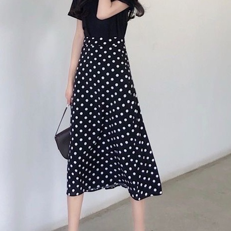 Rok panjang Rok daisy/Rok Sifon Panjang Tengah Wanita Daisy a-Line Pinggang Tinggi Bersih/Rok panjang-Rok Polkadot-hitam