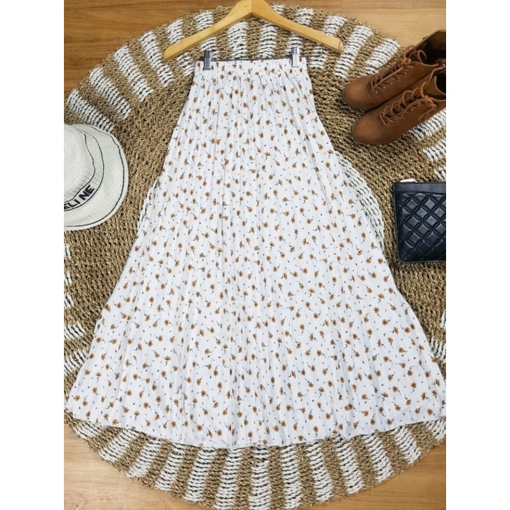 GS-ROK PLISKET DAISY PREMIUM / LILY DAILY PREMIUM /ROK PLISKET PANJANG/ROK PLISKET MOTIF BUNGA-MELATI PUTIH BROWN