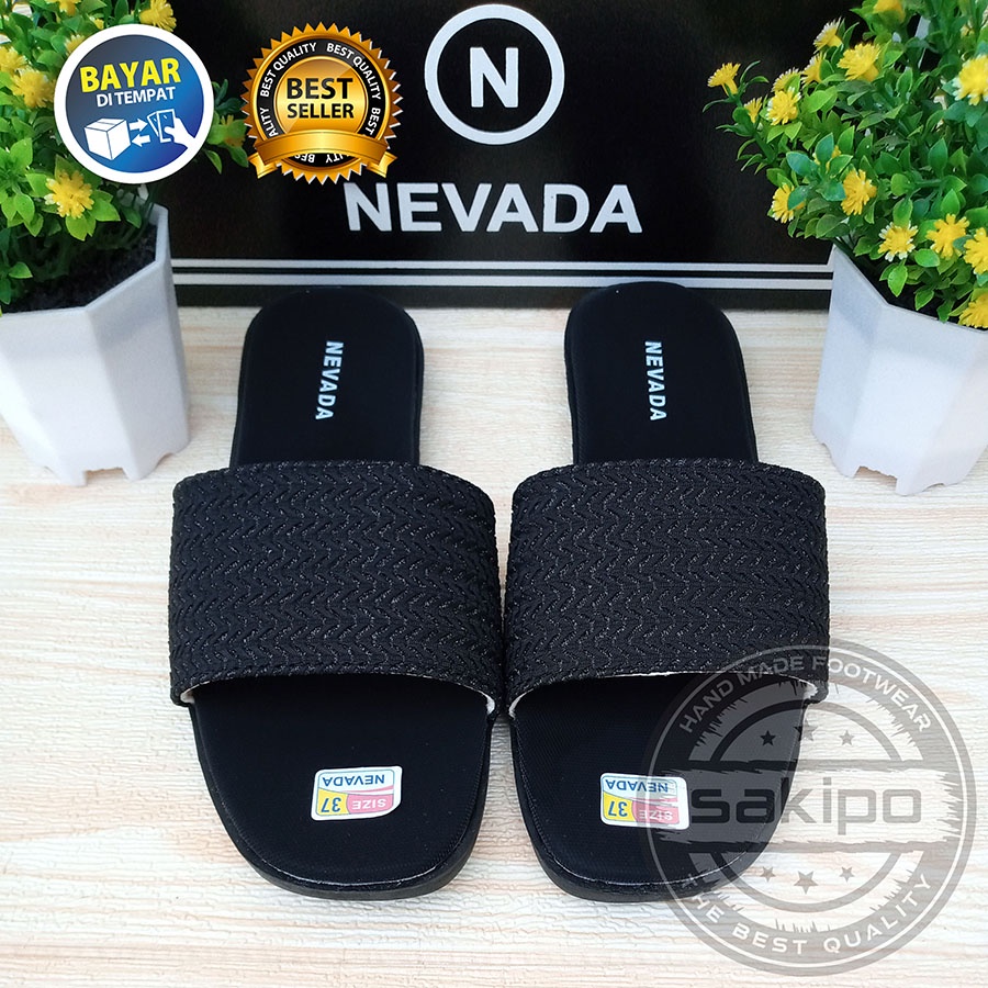 PROMO 8.8 !! SANDAL SLOP WANITA DEWASA NEVADA RAJUT MURAH KEREN TRENDI NYAMAN DIPAKAI / SAKIPO-SR-01 - Hitam