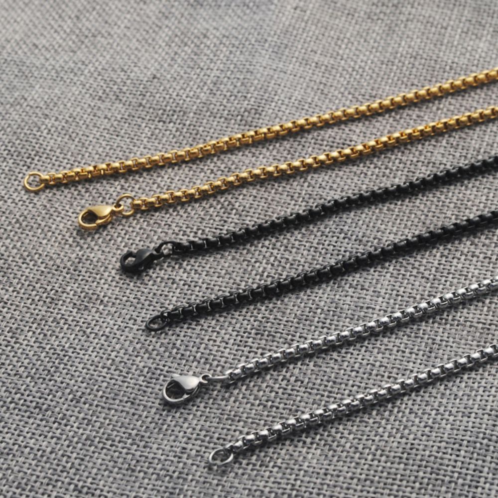 Kalung Rantai Manik-Manik Persegi Bahan Titanium Steel Ukuran 3mm Warna Emas Hitam Silver Untuk Pria