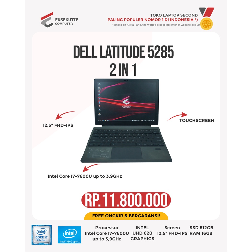 DELL LATITUDE 5285 I7-7600U UP TO 3,9GHZ/16GB/SSD 512GB/INTEL HD 620/12,5"FHD-IPS/WEBCAM/MIC/BLUETOO