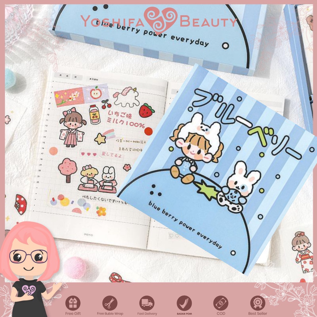 Stiker Aesthetic 1 Lembar | Sticker Blue berry Girl Bunny Lucu | DIY Bahan PVC Untuk Deco Scrapbook Diary Tumbler Botol Viral Lucu