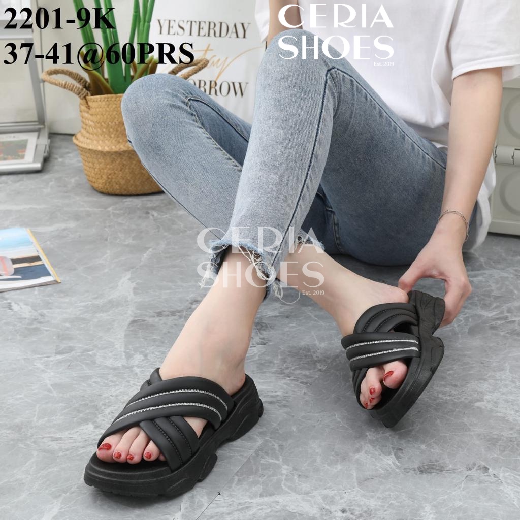 PVC Sandal Slop Wedges Wanita Karet Import Tebal Motif Cross Silang List Mutiara Rubber Anti Slip GN-MTR