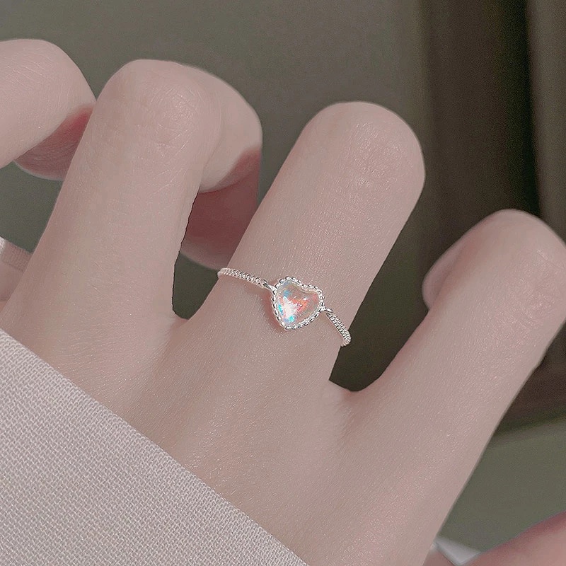 Cincin Wanita Adjustable Bentuk Hati Aksen Moonstone Gaya Korea Untuk Pesta