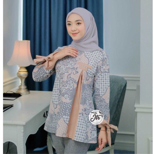 Blouse Batik Atasan Baju Wanita Katun Shakira Jtr Kombinasi Moscrepe Grey Silver Abu Nude