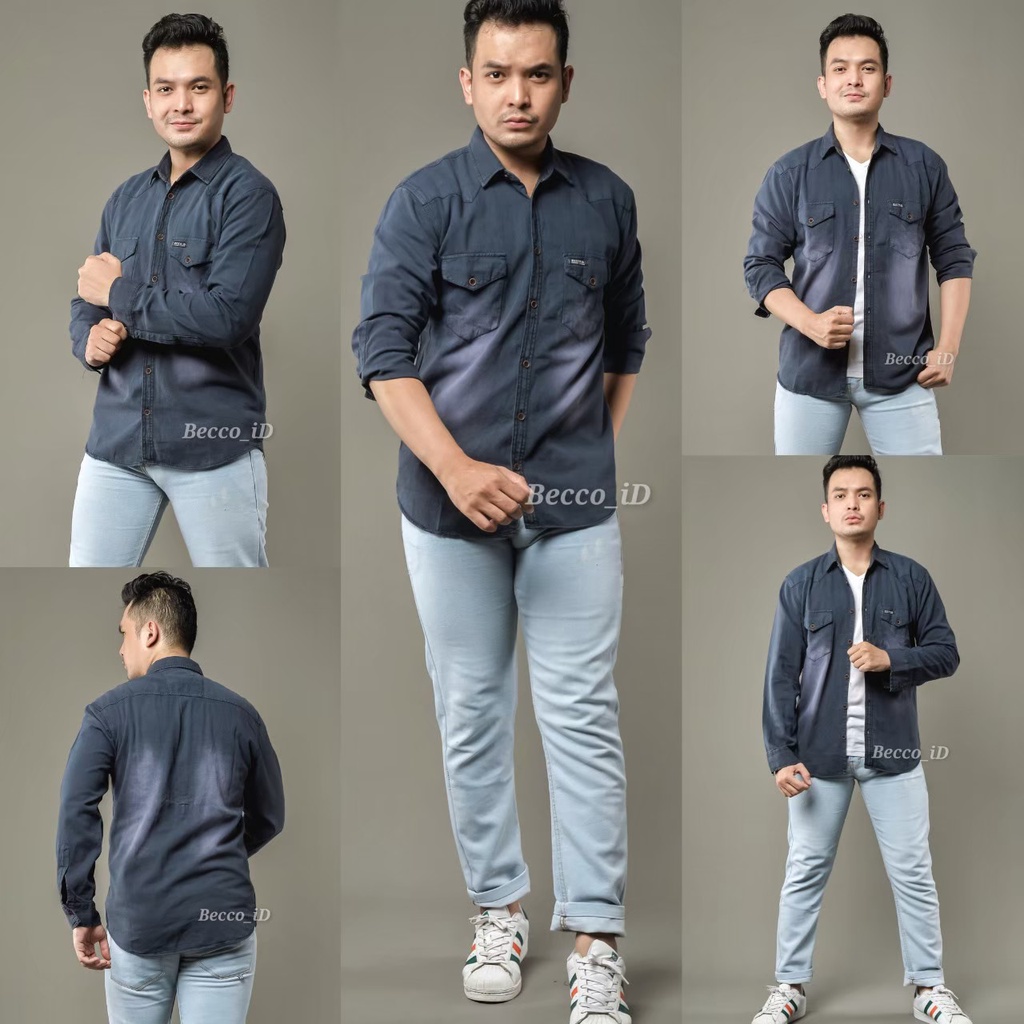 kemeja jeans denim pria lengan panjang, kemeja jeans import, kemeja distro lengan panjang premium