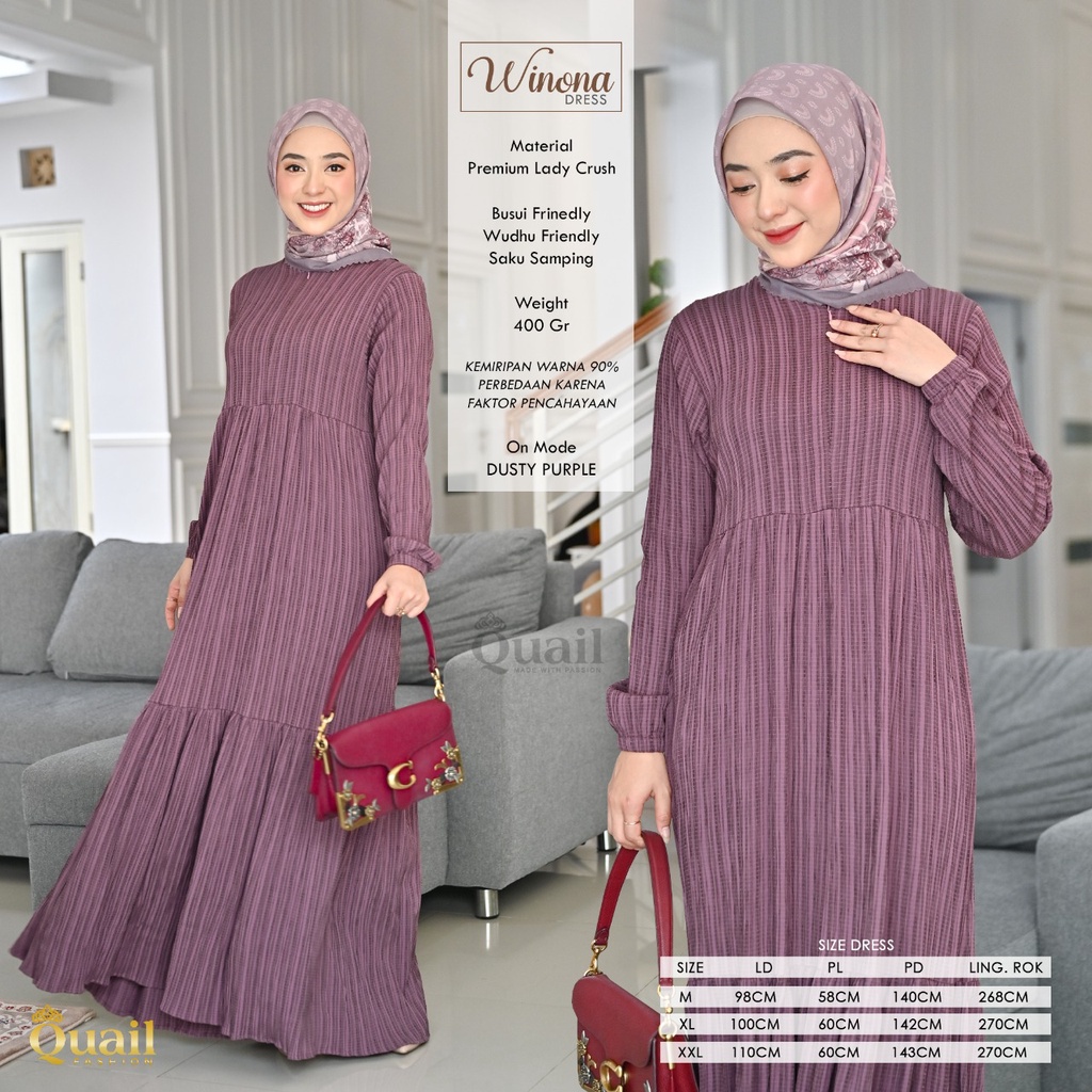 Gamis WINONA Quail Hijab Original Dress Plisket Lady Crush Premium Terbaru M XL XXL COD Distributor 