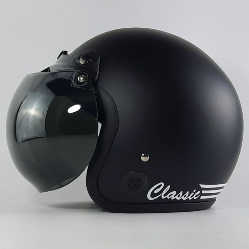 HELM BOGO DEWASA CEWEK COWOK POLOS CLASSIC STRIP HELM RETRO FULL LEHER SNI - HD HITAM DOFF