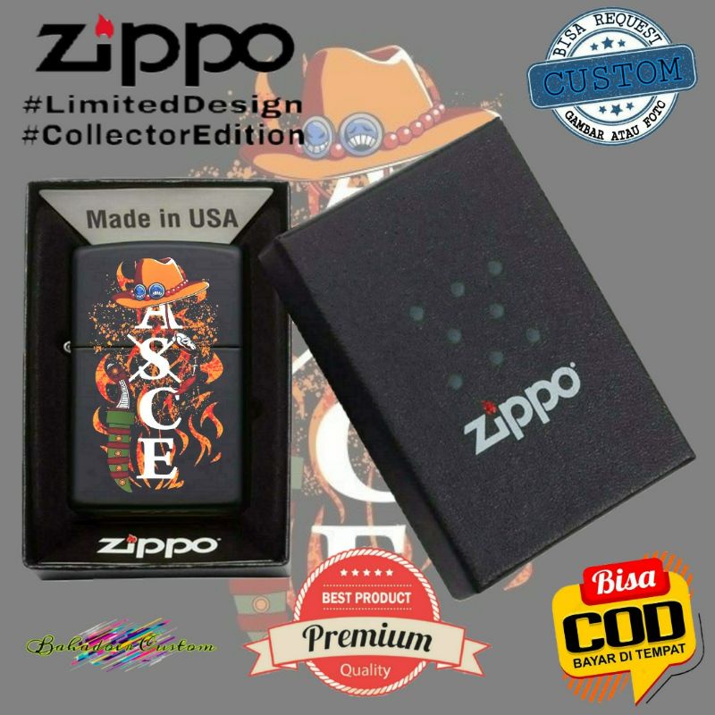 TERMURAH  ZIPPO CUSTOM UV PRINTING COLOR KOREK API ZIPPO CUSTOM UV PRINT ONE PIECE ASCE BLACK MATTE 