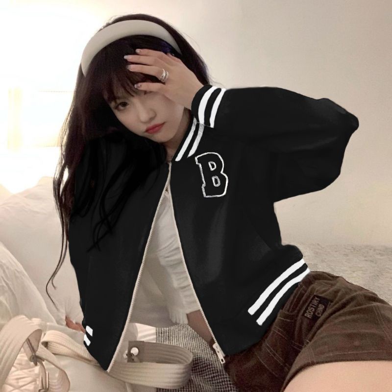 B ZIPPER BASEBALL Sweater Crewneck Oversize Outerwear Wanita Fashion Terkini Korean Style