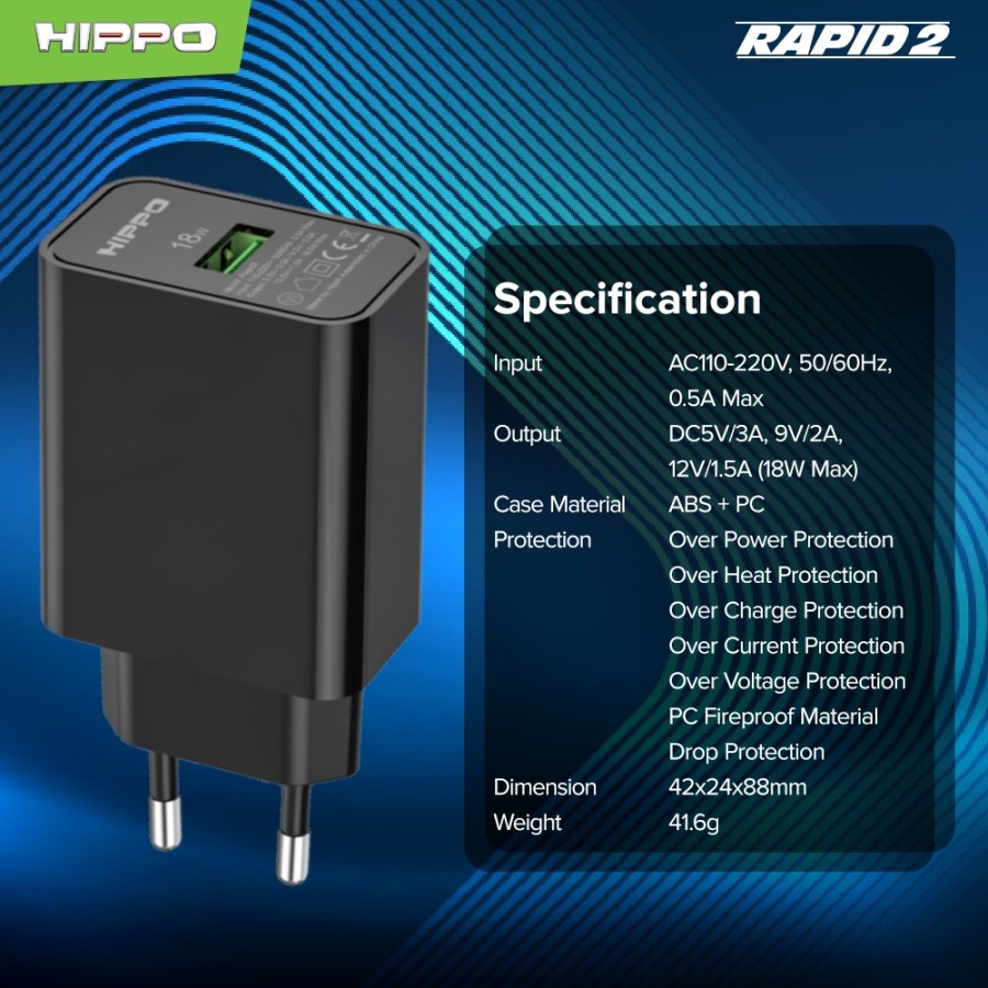 Kepala Adaptor Charger Hippo Rapid 2 Fast Charging 18W Quick Charge Original Ori for XiaoMi Samsung Oppo