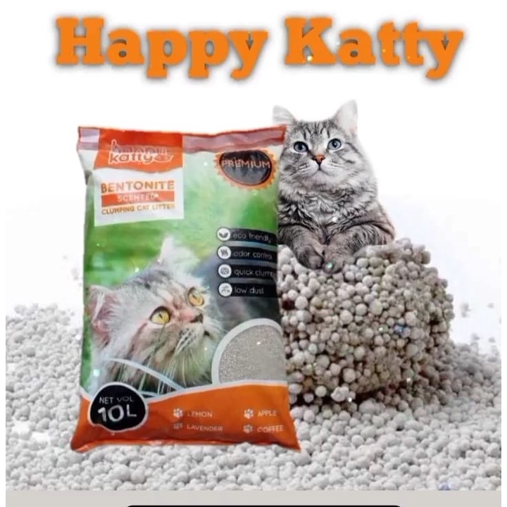 PASIR KUCING GUMPAL WANGI BENTONITE KUALITAS SUPER HAPPY KATTY 10 LITER