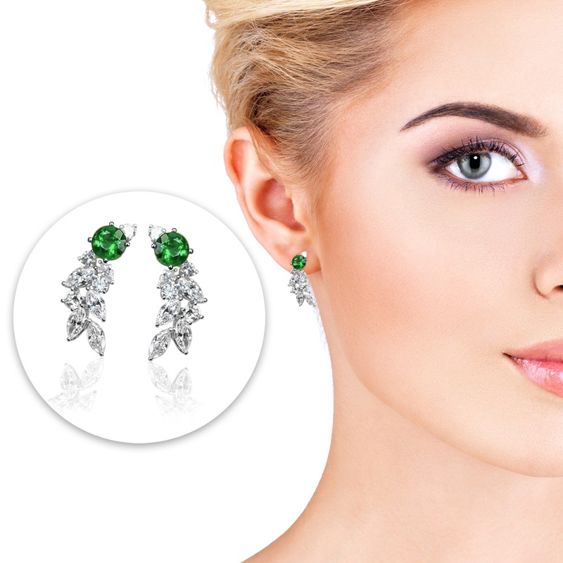 Anting Stud Bentuk Daun Hijau Cubic Zircon Untuk Wanita