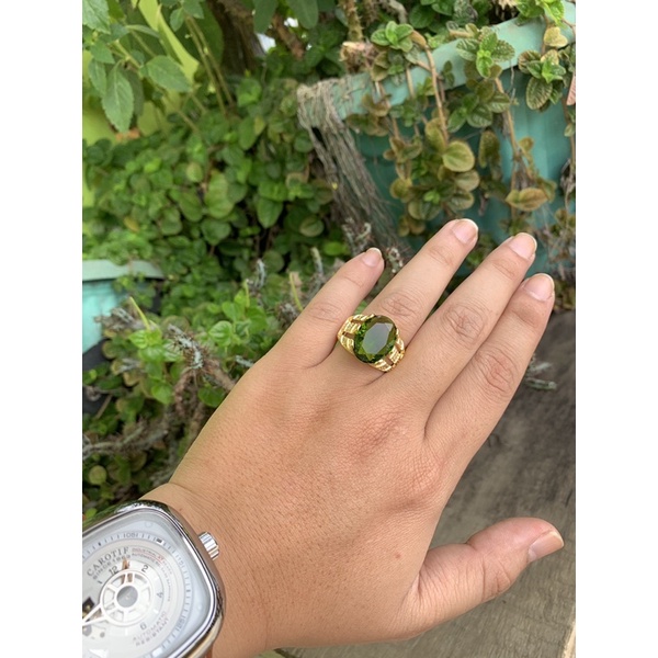 Cincin Pria Wanita Unisex Gold Platted 14K Permata Peridot Hijau Zirconia Mewah