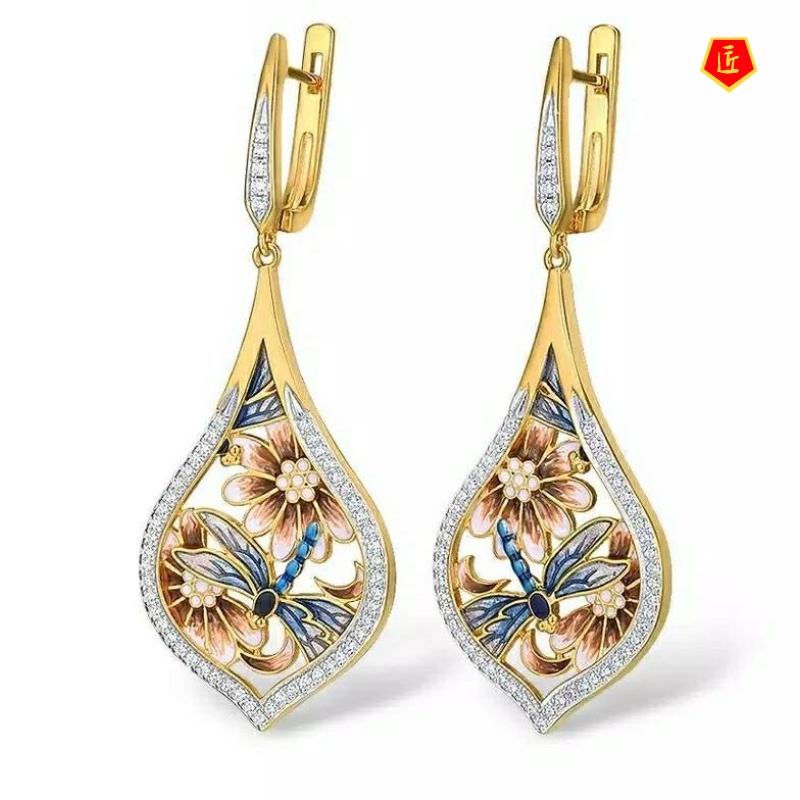 [Ready Stock]Retro Exquisite Cloisonne Painted Earrings 14K Gold