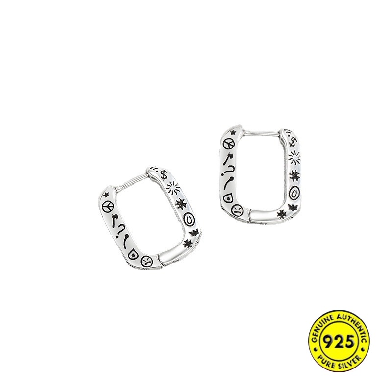 Anting Bentuk Oval Motif Graffiti Bahan Sterling Silver Gaya Hip Hop Untuk Unisex