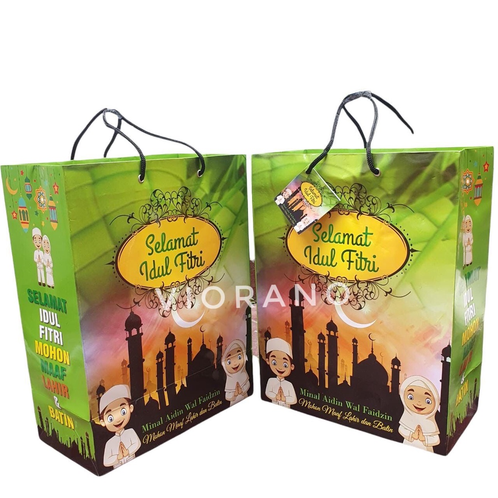 Paper Bag Motif Idul Fitri Ukuran 25x33x13 Goodie Bag Kertas Hantaran Hari Raya / Tas Kertas Bingkisan Lebaran Muat Banyak