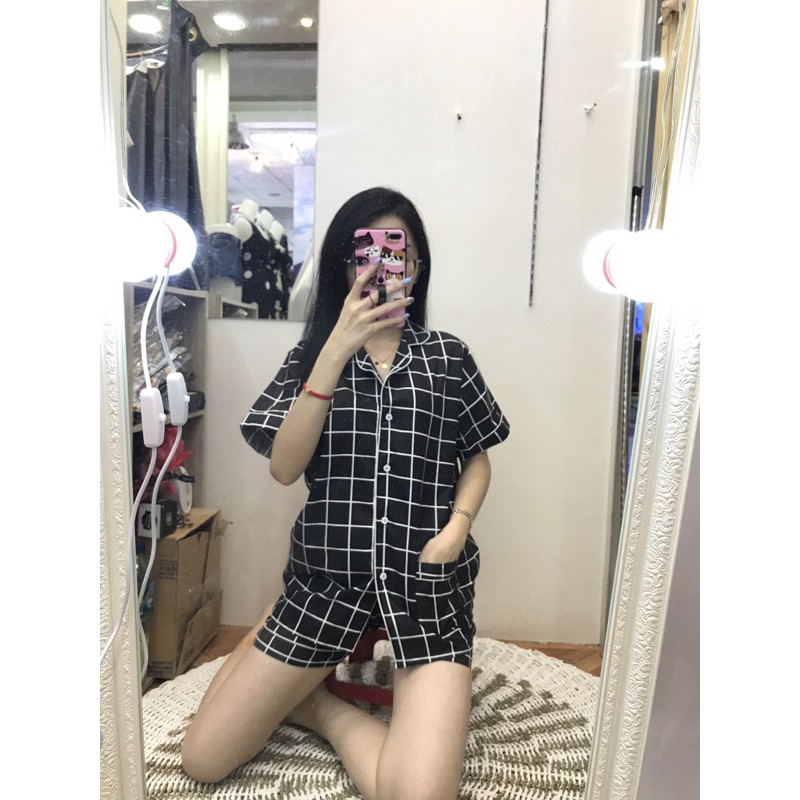 piyama/pajamas kotak&quot; HP katun hitam murah.homewear/sleepwear/bajutidur cwe PP tartan black kekinian