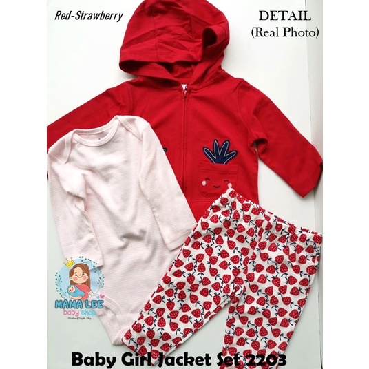 JACKET SET 3 IN 1 JC01  / BABY JACKET / JAKET BAYI / PAKAIAN BAYI JUMPER GIRL-Red strawbery